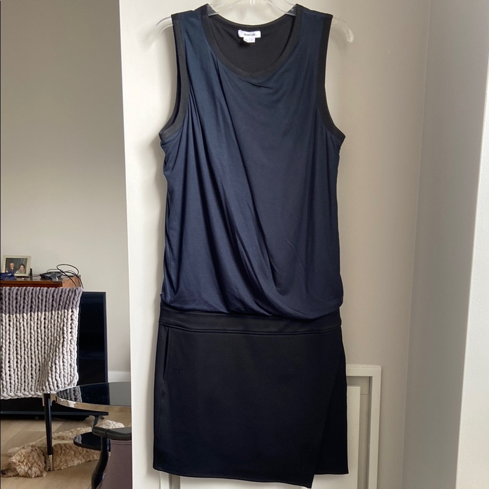 Helmut Lang Blue Asymmetrical Sheath Dress with a draped front.